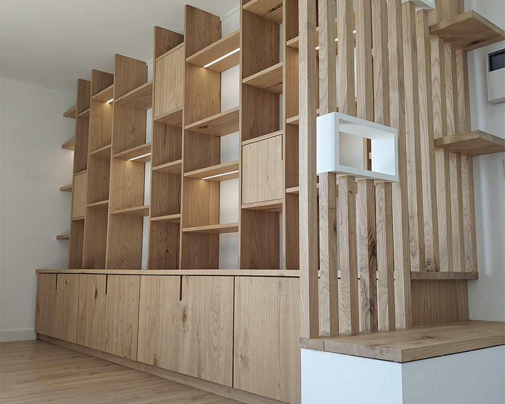 Bibliothèque, Claustra, Coffre banquette sur-mesure - Châtaignier massif - Valence (26)