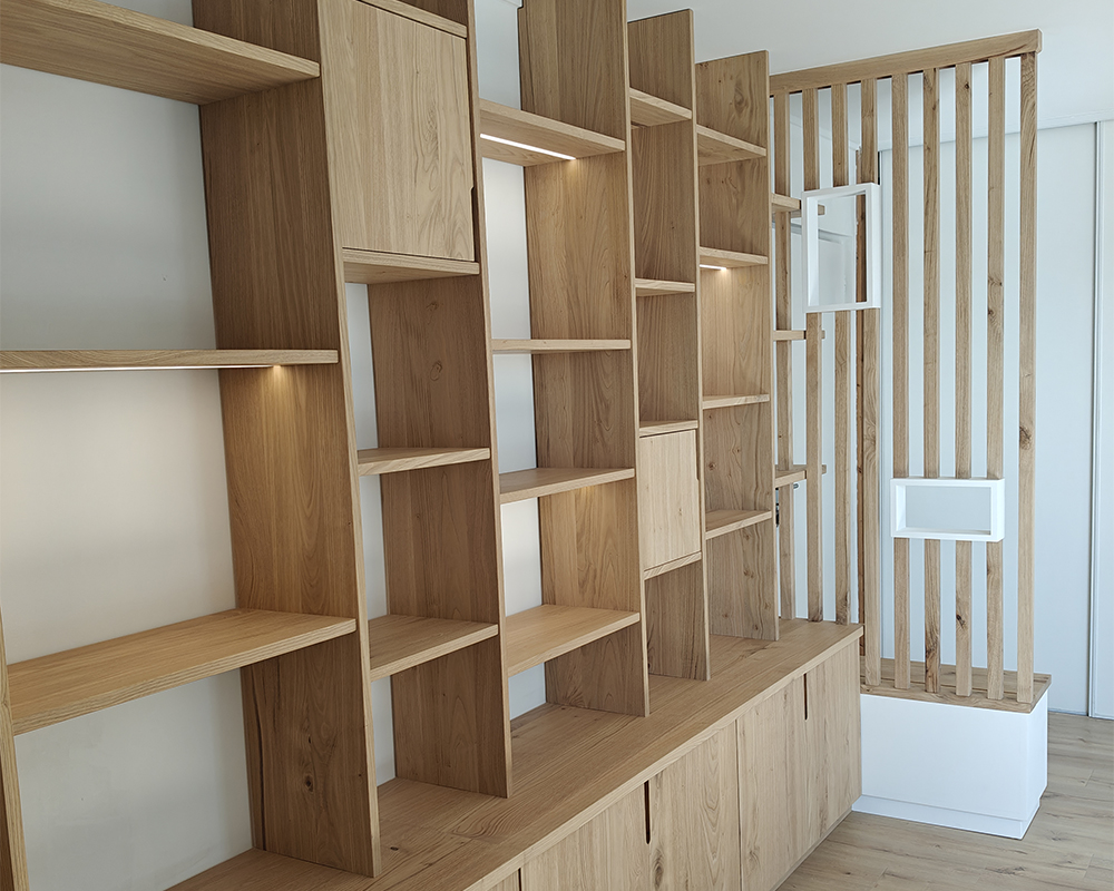 Bibliothèque, Claustra, Coffre banquette sur-mesure - Châtaignier massif - Valence (26)