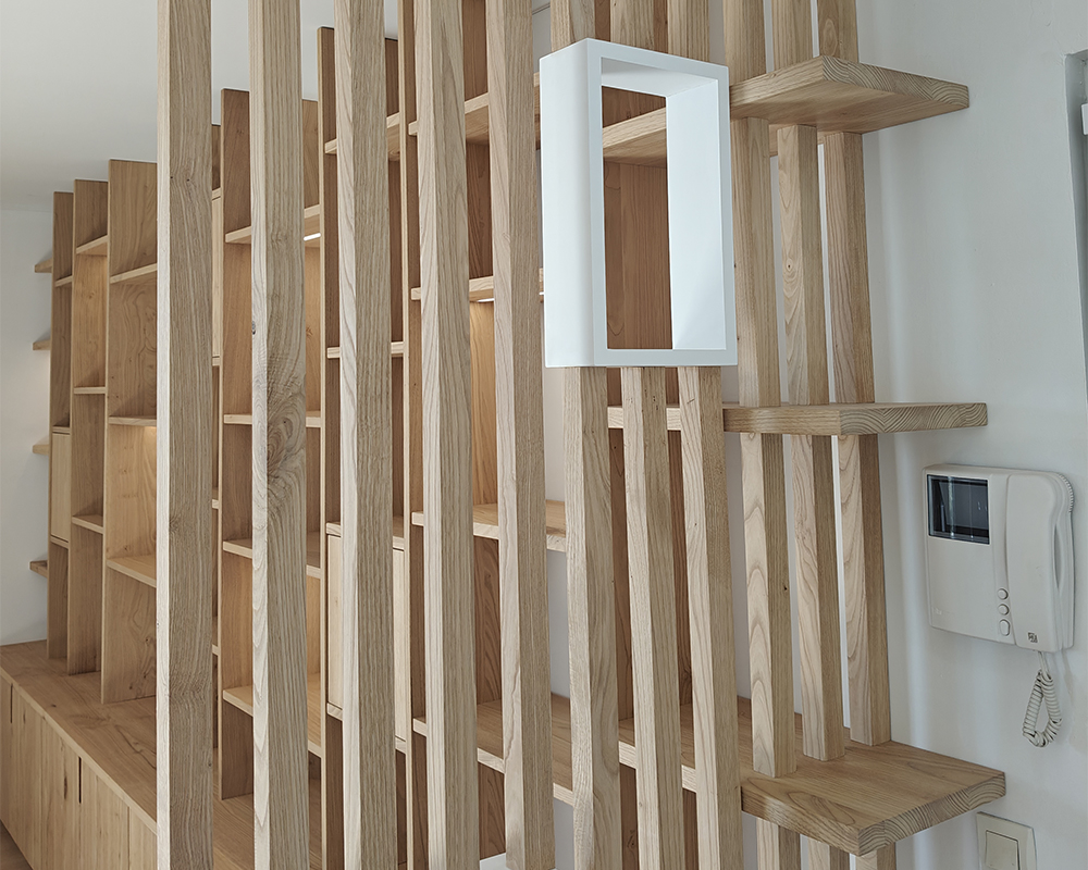 Bibliothèque, Claustra, Coffre banquette sur-mesure - Châtaignier massif - Valence (26)