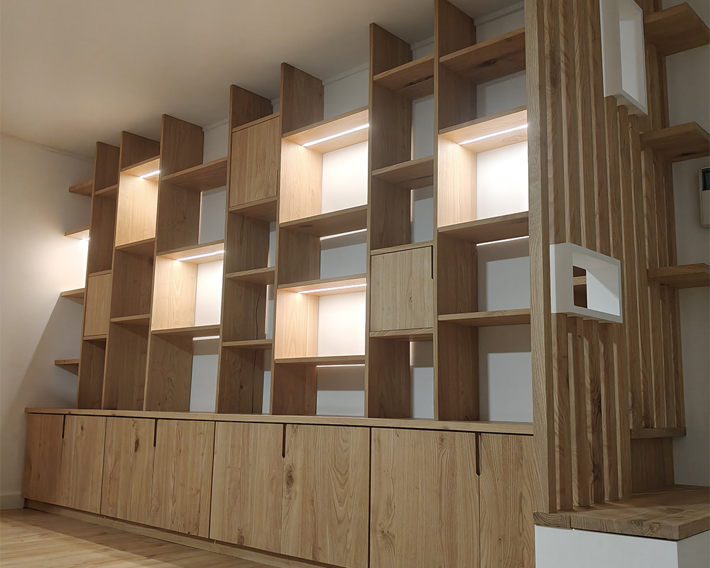 Bibliothèque, Claustra, Coffre banquette sur-mesure - Châtaignier massif - Valence (26)